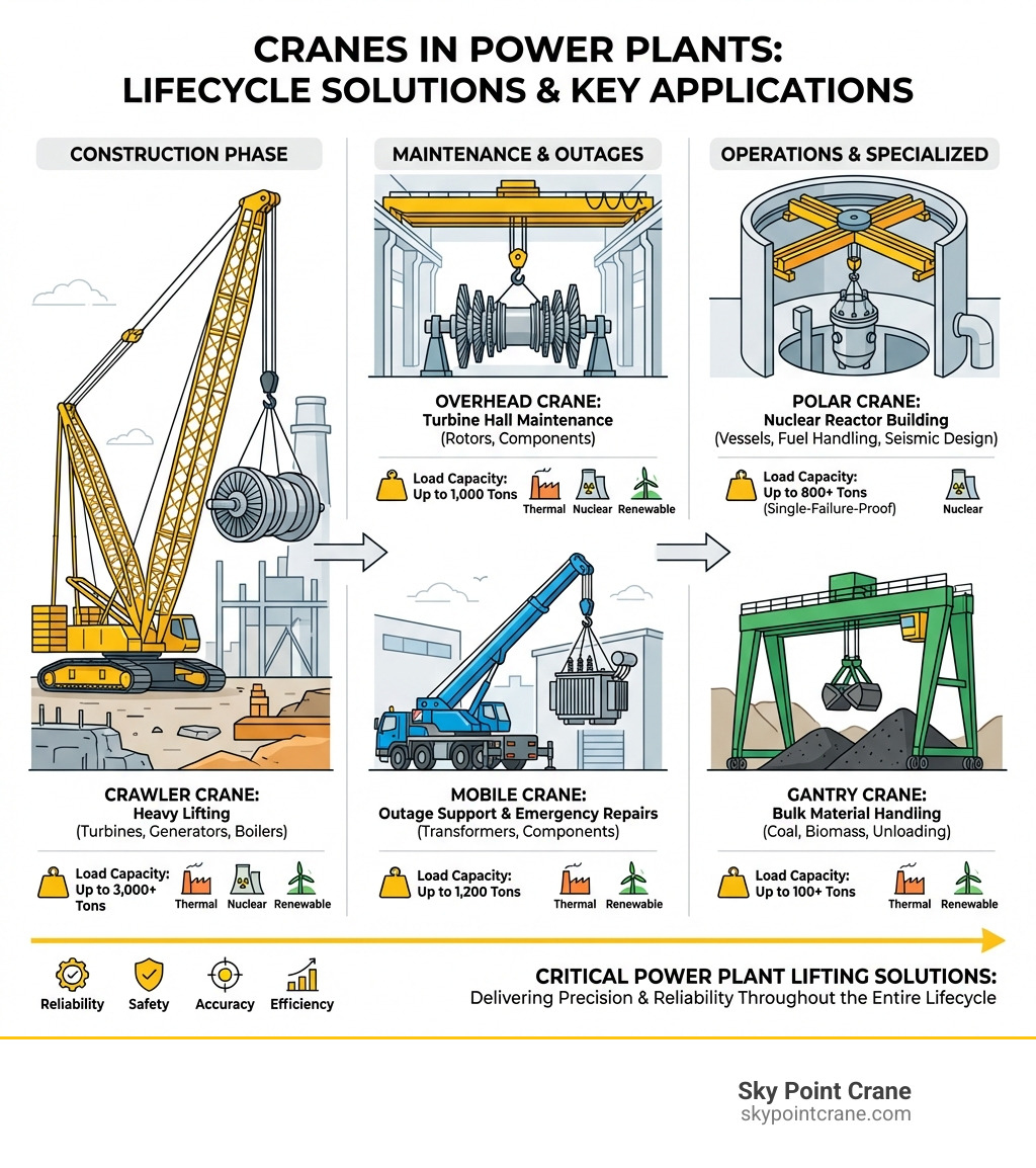 Comprehensive infographic showing different types of cranes used across power plant lifecycles, including crawler cranes for construction lifting turbines and generators, overhead cranes for maintenance in turbine halls, mobile cranes for outages, polar cranes for nuclear reactor buildings, and gantry cranes for bulk material handling, with load capacities and key applications labeled for thermal, nuclear, and renewable energy facilities - Cranes used in Power Plants infographic Comprehensive infographic showing different types of cranes used across power plant lifecycles, including crawler cranes for construction lifting turbines and generators, overhead cranes for maintenance in turbine halls, mobile cranes for outages, polar cranes for nuclear reactor buildings, and gantry cranes for bulk material handling, with load capacities and key applications labeled for thermal, nuclear, and renewable energy facilities - Cranes used in Power Plants infographic