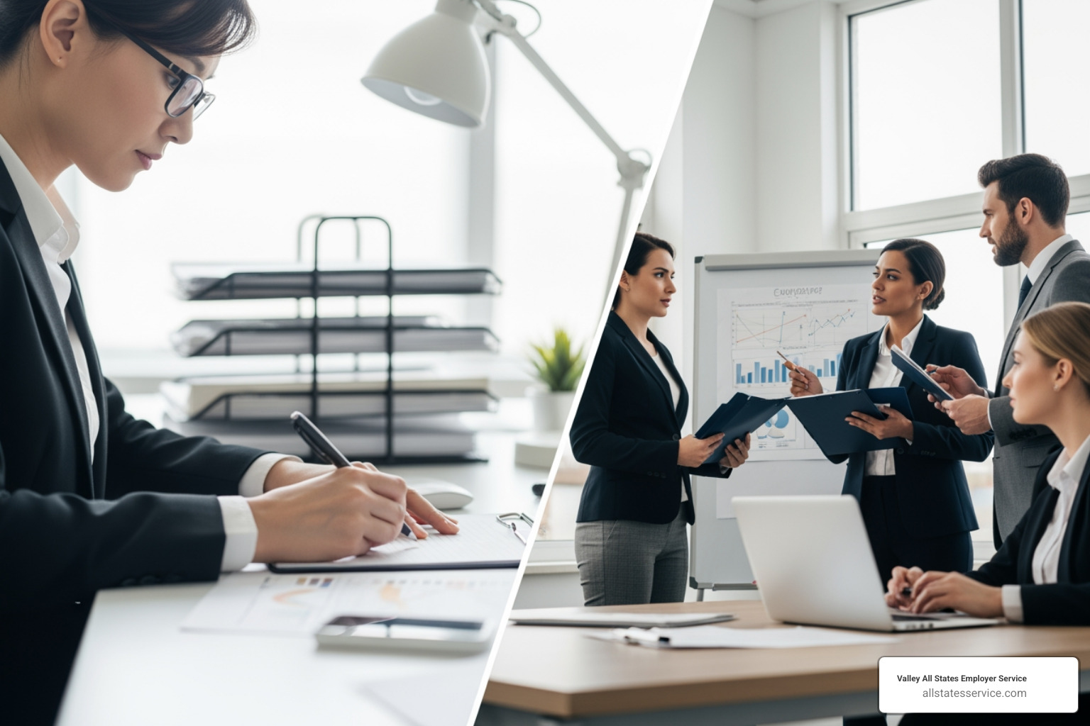 Split-screen showing administrative tasks and strategic planning - HR administrative services