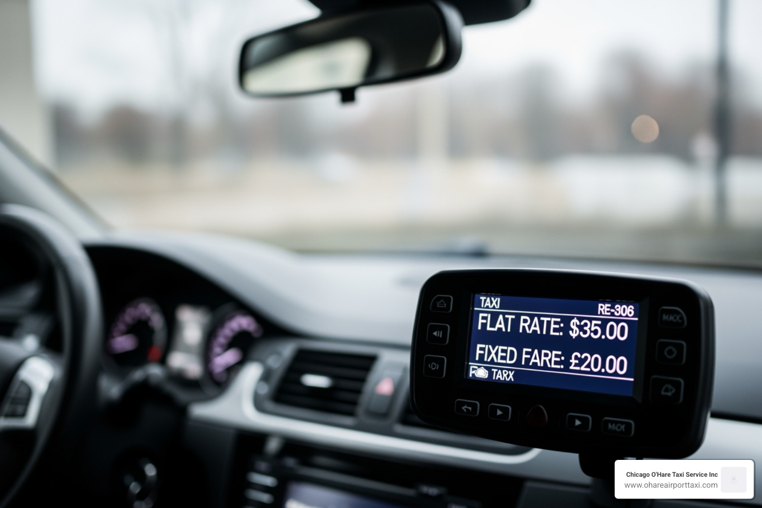 A taxi meter displaying a flat rate - Taxi from Addison to O'Hare A taxi meter displaying a flat rate - Taxi from Addison to O'Hare