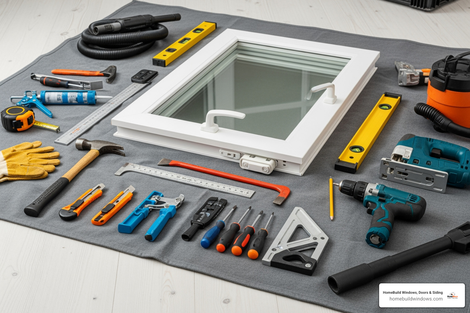 tools and a new casement window laid out on a drop cloth - how to install window casement