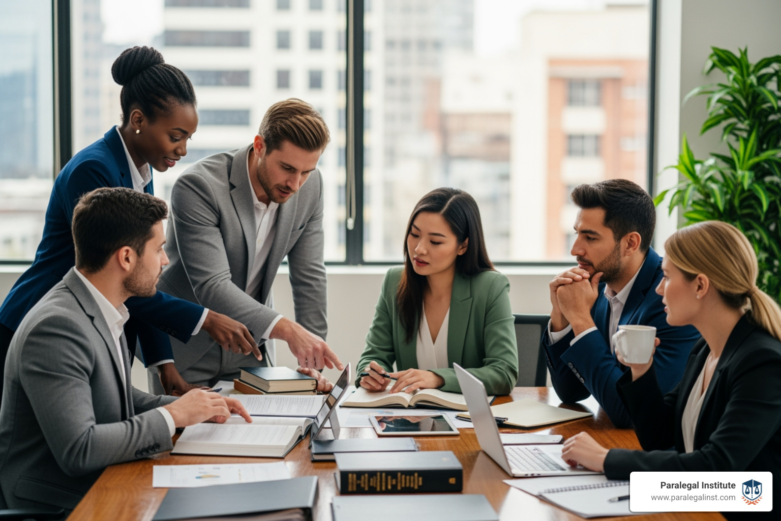 Diverse group of legal professionals collaborating in a modern office - Online legal studies program Diverse group of legal professionals collaborating in a modern office - Online legal studies program