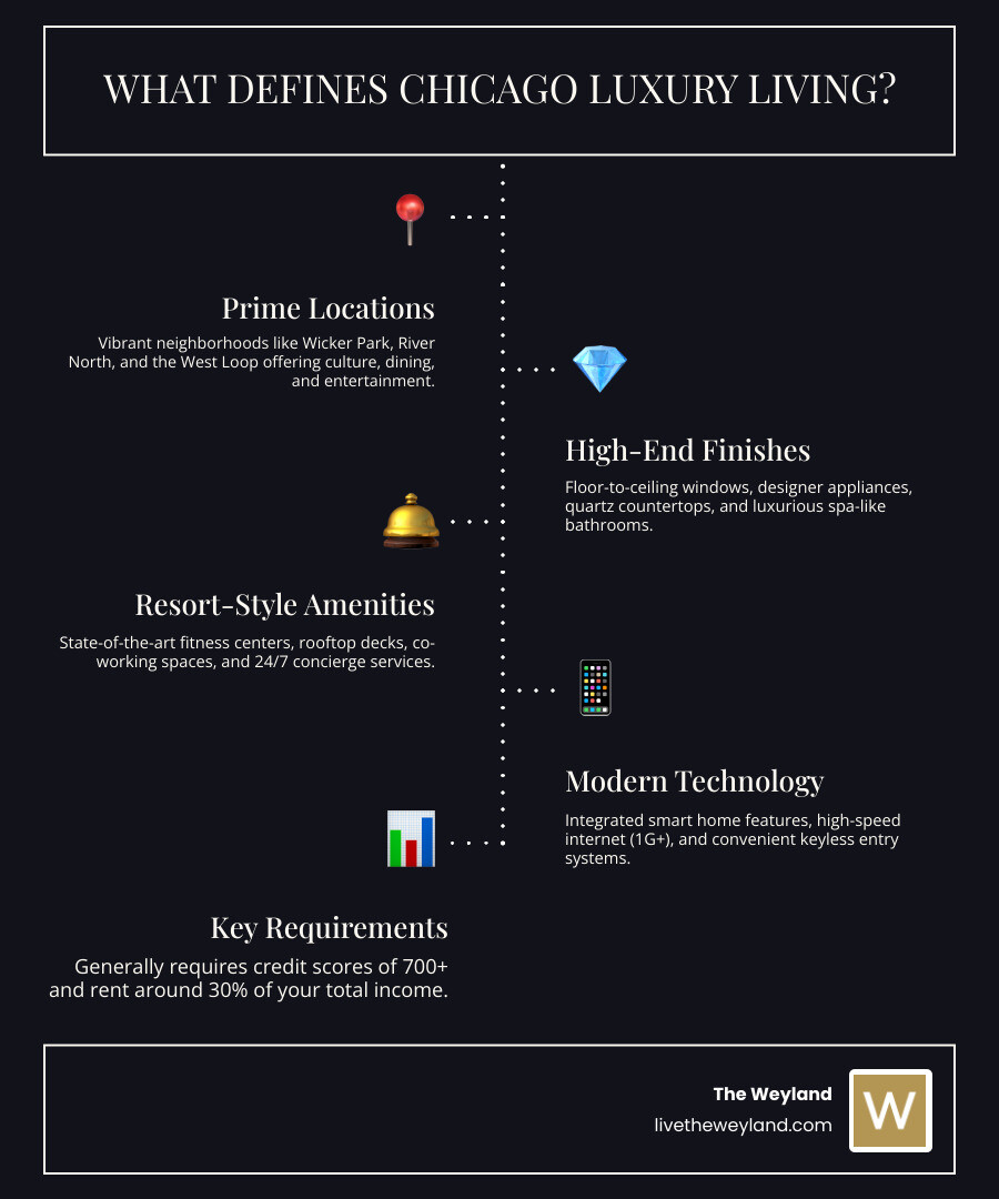 Infographic showing the three pillars of Chicago luxury living: Prime Location in vibrant neighborhoods with dining and transit access, High-End Finishes including floor-to-ceiling windows and designer appliances, and Resort-Style Amenities such as rooftop decks and fitness centers - chicago luxury living infographic infographic-line-5-steps-dark Infographic showing the three pillars of Chicago luxury living: Prime Location in vibrant neighborhoods with dining and transit access, High-End Finishes including floor-to-ceiling windows and designer appliances, and Resort-Style Amenities such as rooftop decks and fitness centers - chicago luxury living infographic infographic-line-5-steps-dark