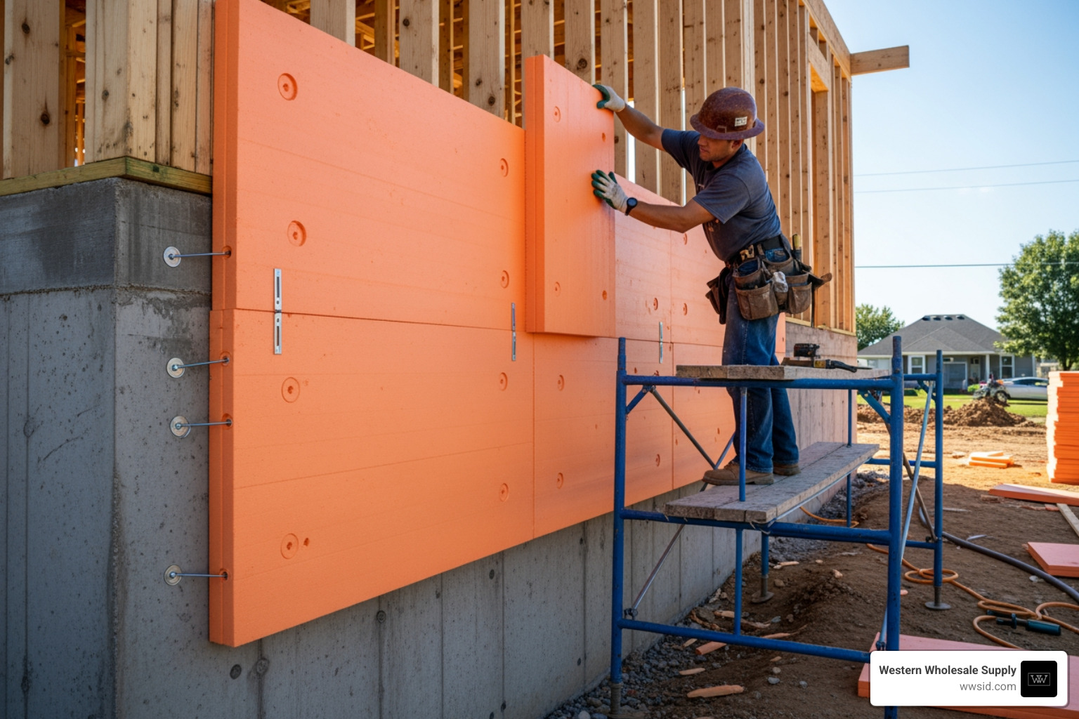 extruded polystyrene (XPS) boards being installed on a foundation - Moisture resistant insulation extruded polystyrene (XPS) boards being installed on a foundation - Moisture resistant insulation