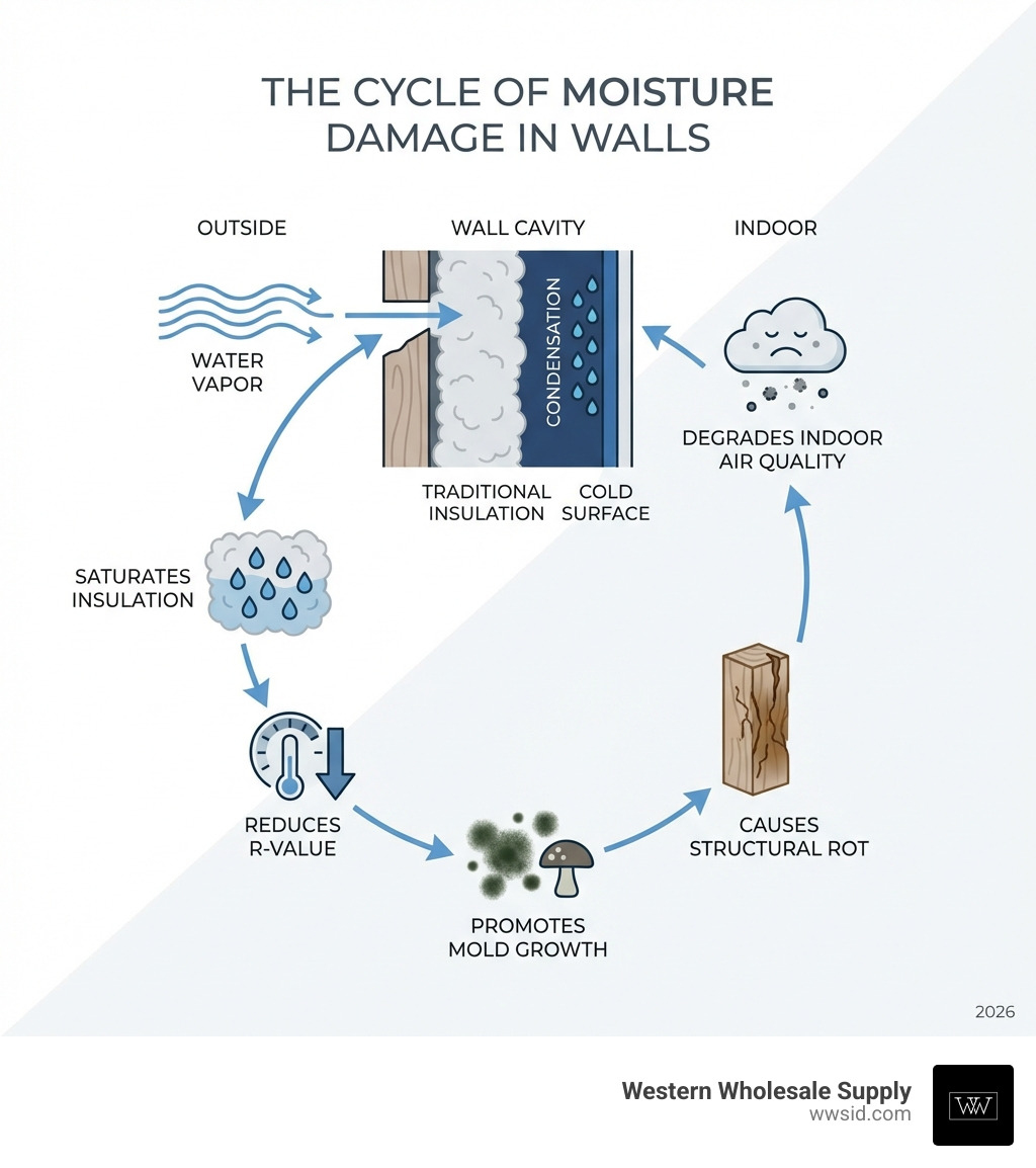 infographic showing the cycle of moisture damage: water vapor enters wall cavity, condenses on cold surfaces, saturates traditional insulation, reduces R-value, promotes mold growth, causes structural rot, and degrades indoor air quality - Moisture resistant insulation infographic infographic showing the cycle of moisture damage: water vapor enters wall cavity, condenses on cold surfaces, saturates traditional insulation, reduces R-value, promotes mold growth, causes structural rot, and degrades indoor air quality - Moisture resistant insulation infographic