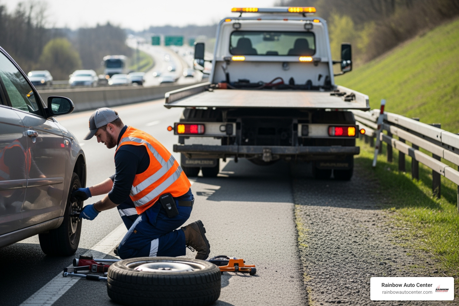 tow truck operator changing a tire for a customer - 24 7 car towing
