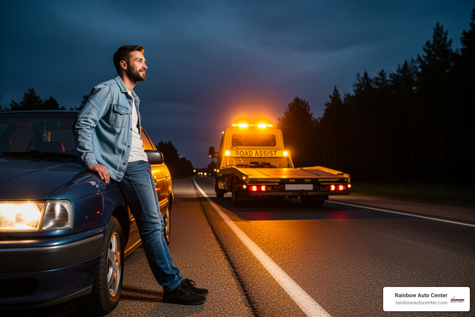 driver looking relieved as a tow truck arrives at night - 24 7 car towing
