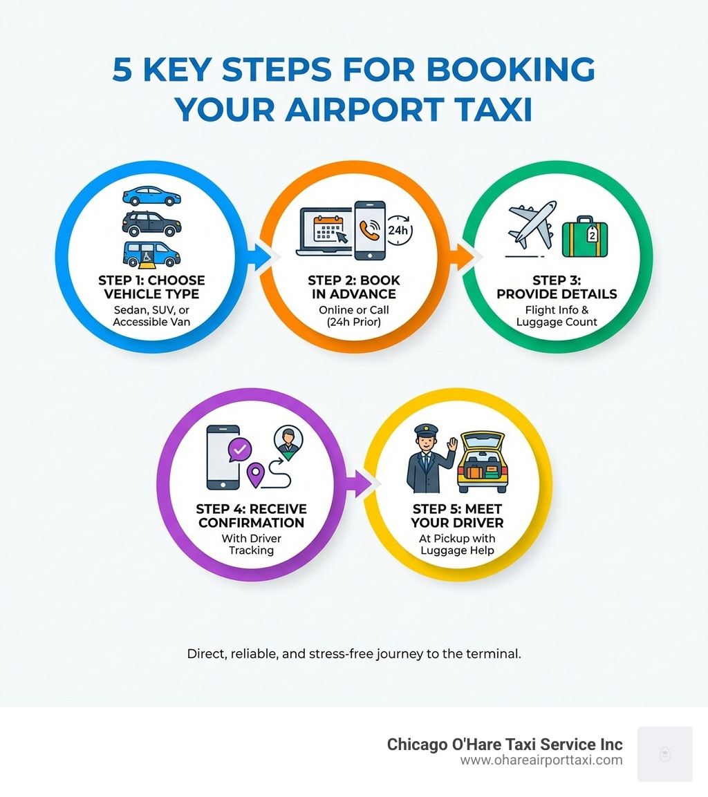 Infographic showing the 5 key steps for booking an airport taxi: Step 1 - Choose your vehicle type (sedan, SUV, or accessible van), Step 2 - Book online or call 24 hours in advance, Step 3 - Provide flight details and luggage count, Step 4 - Receive confirmation with driver tracking, Step 5 - Meet your professional driver at pickup location with luggage assistance included - taxi for airport drop infographic Infographic showing the 5 key steps for booking an airport taxi: Step 1 - Choose your vehicle type (sedan, SUV, or accessible van), Step 2 - Book online or call 24 hours in advance, Step 3 - Provide flight details and luggage count, Step 4 - Receive confirmation with driver tracking, Step 5 - Meet your professional driver at pickup location with luggage assistance included - taxi for airport drop infographic