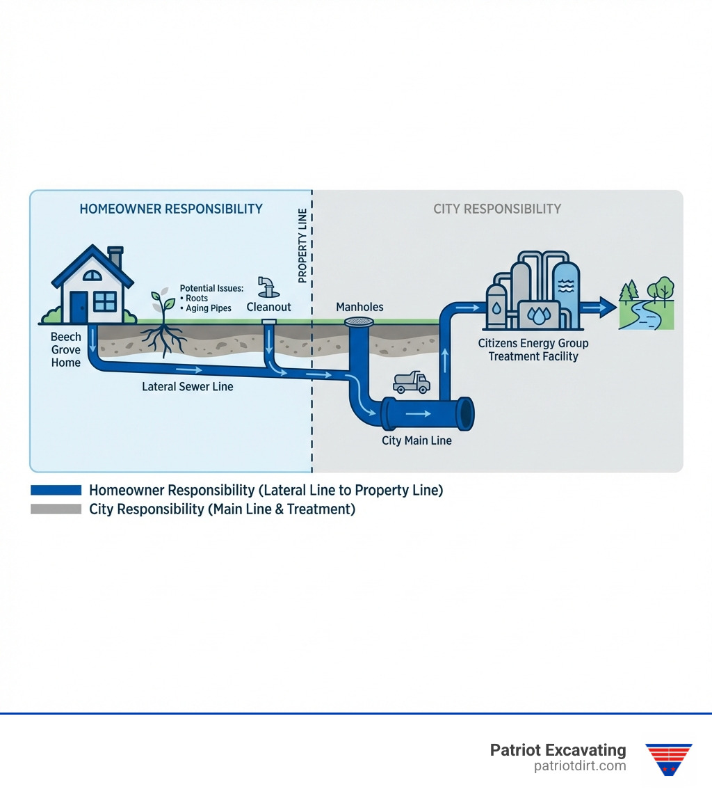 Infographic showing the path of wastewater from a Beech Grove home through the lateral sewer line, past the property line to the city main line, and ultimately to the Citizens Energy Group treatment facility, with labeled sections indicating homeowner responsibility versus city responsibility - Beech Grove IN sewer repair infographic Infographic showing the path of wastewater from a Beech Grove home through the lateral sewer line, past the property line to the city main line, and ultimately to the Citizens Energy Group treatment facility, with labeled sections indicating homeowner responsibility versus city responsibility - Beech Grove IN sewer repair infographic