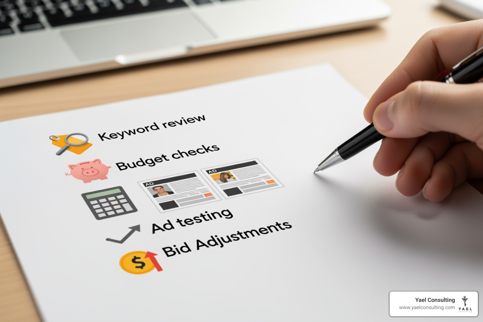 Image of a checklist for Google Ads tasks including keyword review, budget checks, ad testing, and bid adjustments - Adwords campaign optimization Image of a checklist for Google Ads tasks including keyword review, budget checks, ad testing, and bid adjustments - Adwords campaign optimization