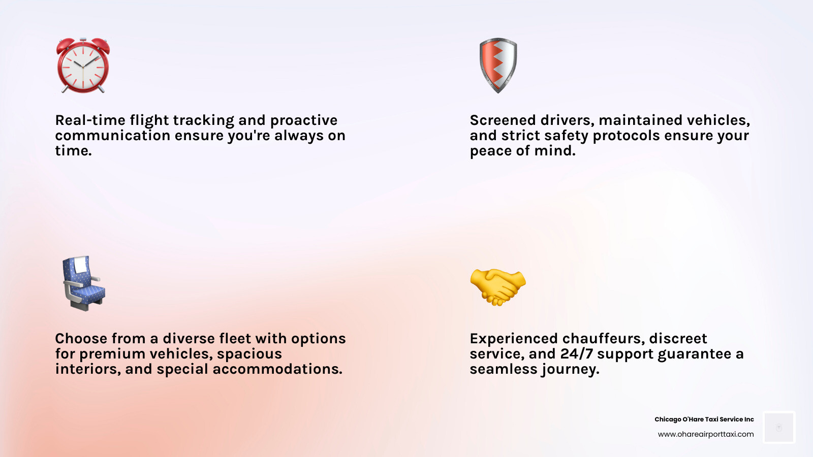 Infographic showing the four pillars of reliable airport service: a clock icon representing Punctuality with flight tracking, a shield icon representing Safety with professional drivers, a car seat icon representing Comfort with premium vehicles, and a handshake icon representing Professionalism with 24/7 customer support - Reliable airport service infographic 4_facts_emoji_light-gradient Infographic showing the four pillars of reliable airport service: a clock icon representing Punctuality with flight tracking, a shield icon representing Safety with professional drivers, a car seat icon representing Comfort with premium vehicles, and a handshake icon representing Professionalism with 24/7 customer support - Reliable airport service infographic 4_facts_emoji_light-gradient