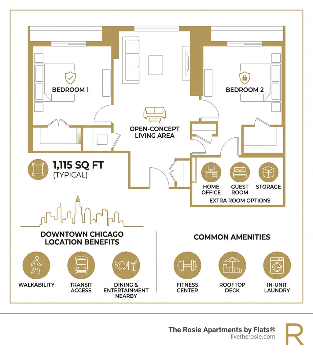 Infographic showing two-bedroom apartment layout with labeled features: split-bedroom floor plan for privacy, open-concept living area, typical square footage of 1,115 sq ft, extra room options (home office, guest room, or storage), downtown location benefits (walkability, transit access, dining and entertainment nearby), and common amenities (fitness center, rooftop deck, in-unit laundry) - two bedroom apartments in downtown chicago infographic 