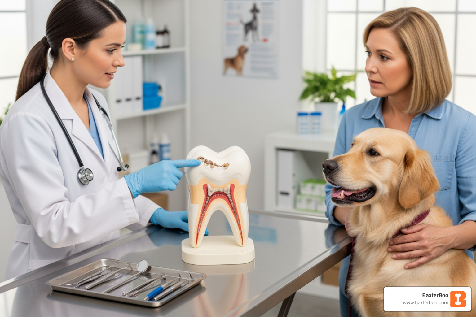 veterinarian pointing to tartar on dog tooth model - bad breath dog veterinarian pointing to tartar on dog tooth model - bad breath dog