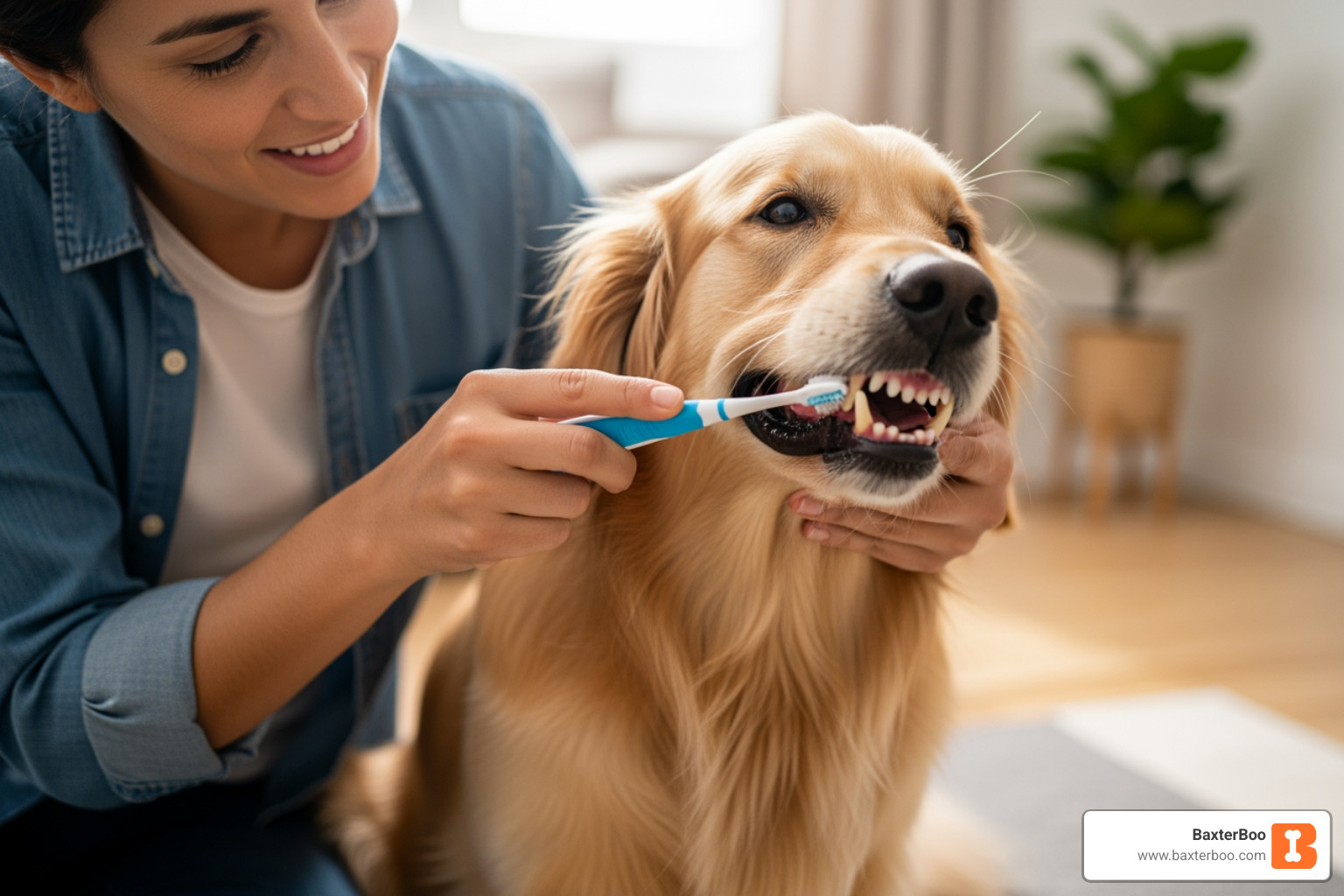 person gently brushing dog's teeth - bad breath dog person gently brushing dog's teeth - bad breath dog