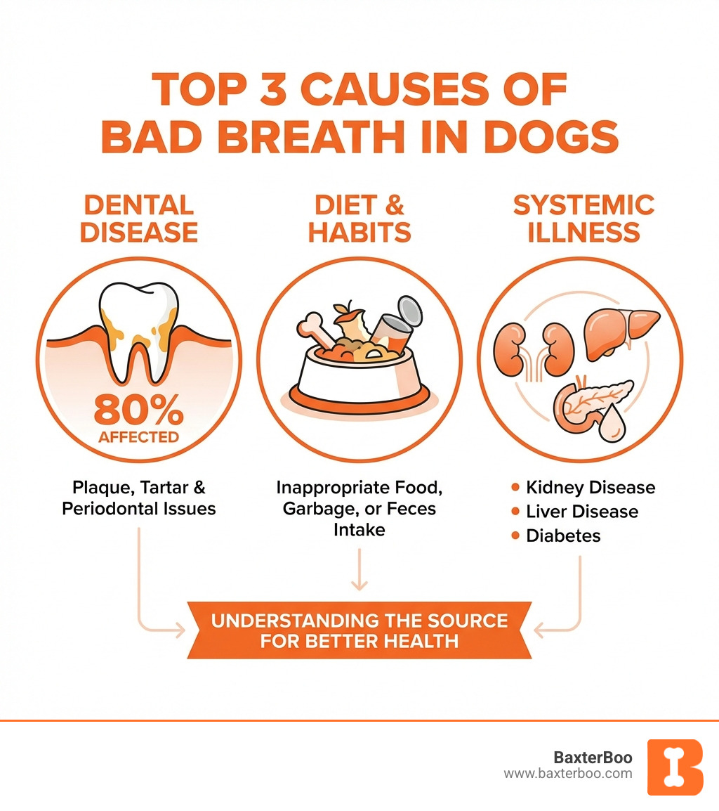 infographic showing the top 3 causes of bad breath in dogs with icons: a tooth with plaque representing dental disease at 80%, a food bowl representing diet and habits, and internal organs representing systemic illness including kidney disease, liver disease, and diabetes - bad breath dog infographic infographic showing the top 3 causes of bad breath in dogs with icons: a tooth with plaque representing dental disease at 80%, a food bowl representing diet and habits, and internal organs representing systemic illness including kidney disease, liver disease, and diabetes - bad breath dog infographic