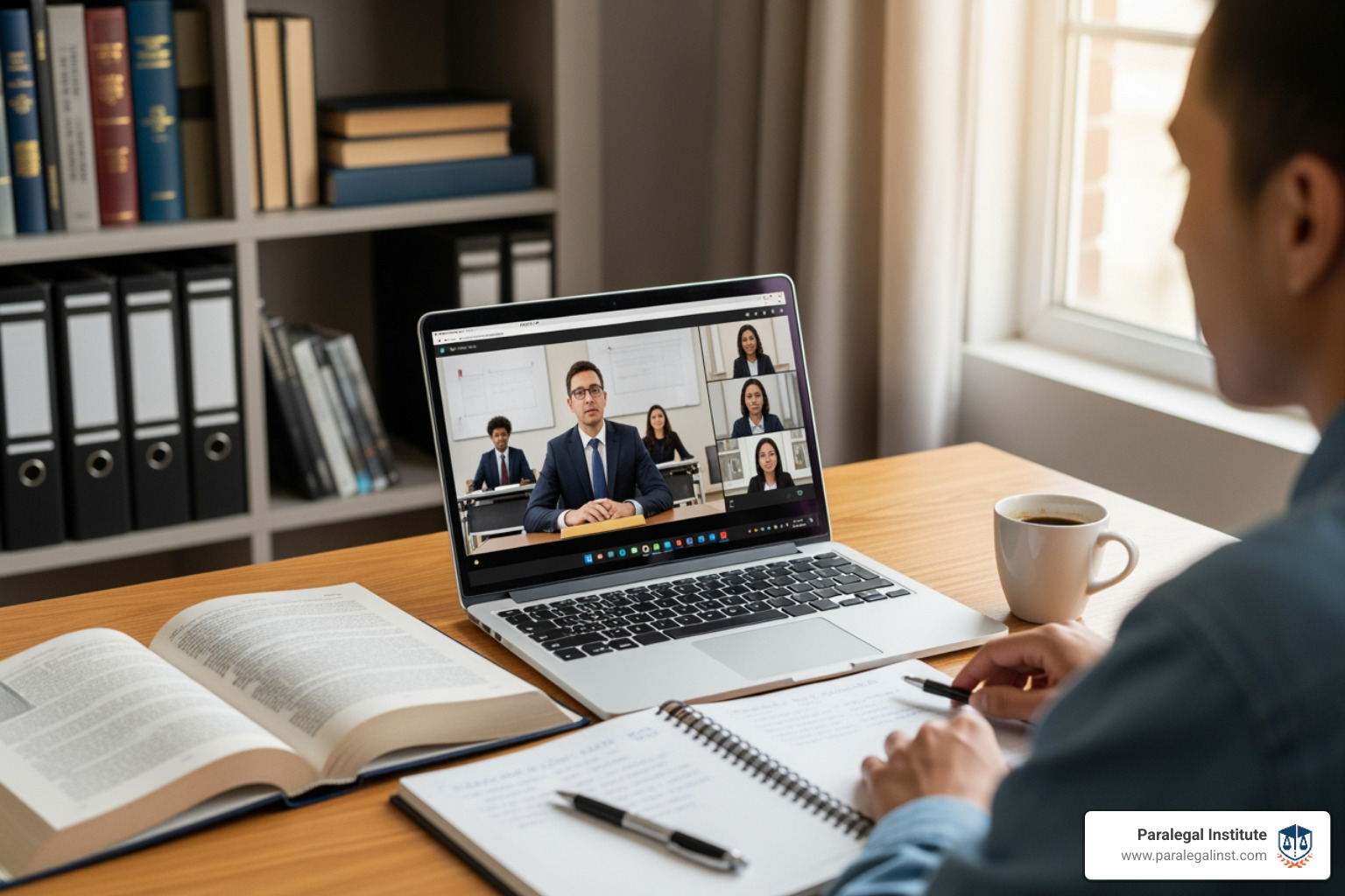 Instructor teaching a live online class shown on a computer screen - Online legal studies program Instructor teaching a live online class shown on a computer screen - Online legal studies program