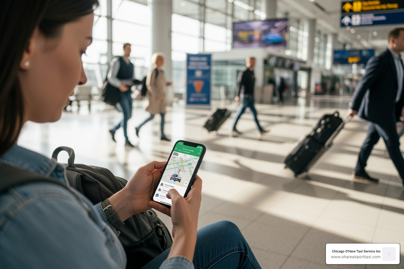 traveler using smartphone to pre-book airport transfer - taxi Chicago O'Hare traveler using smartphone to pre-book airport transfer - taxi Chicago O'Hare