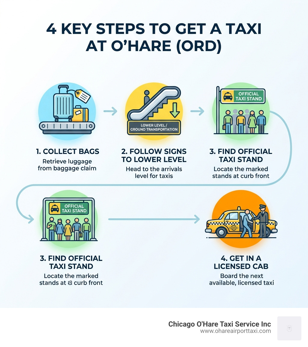 Infographic detailing the 4 key steps to get a taxi at O'Hare: 1. Collect Bags, 2. Follow Signs to Lower Level, 3. Find Official Taxi Stand, 4. Get in a Licensed Cab. - taxi Chicago O'Hare infographic Infographic detailing the 4 key steps to get a taxi at O'Hare: 1. Collect Bags, 2. Follow Signs to Lower Level, 3. Find Official Taxi Stand, 4. Get in a Licensed Cab. - taxi Chicago O'Hare infographic
