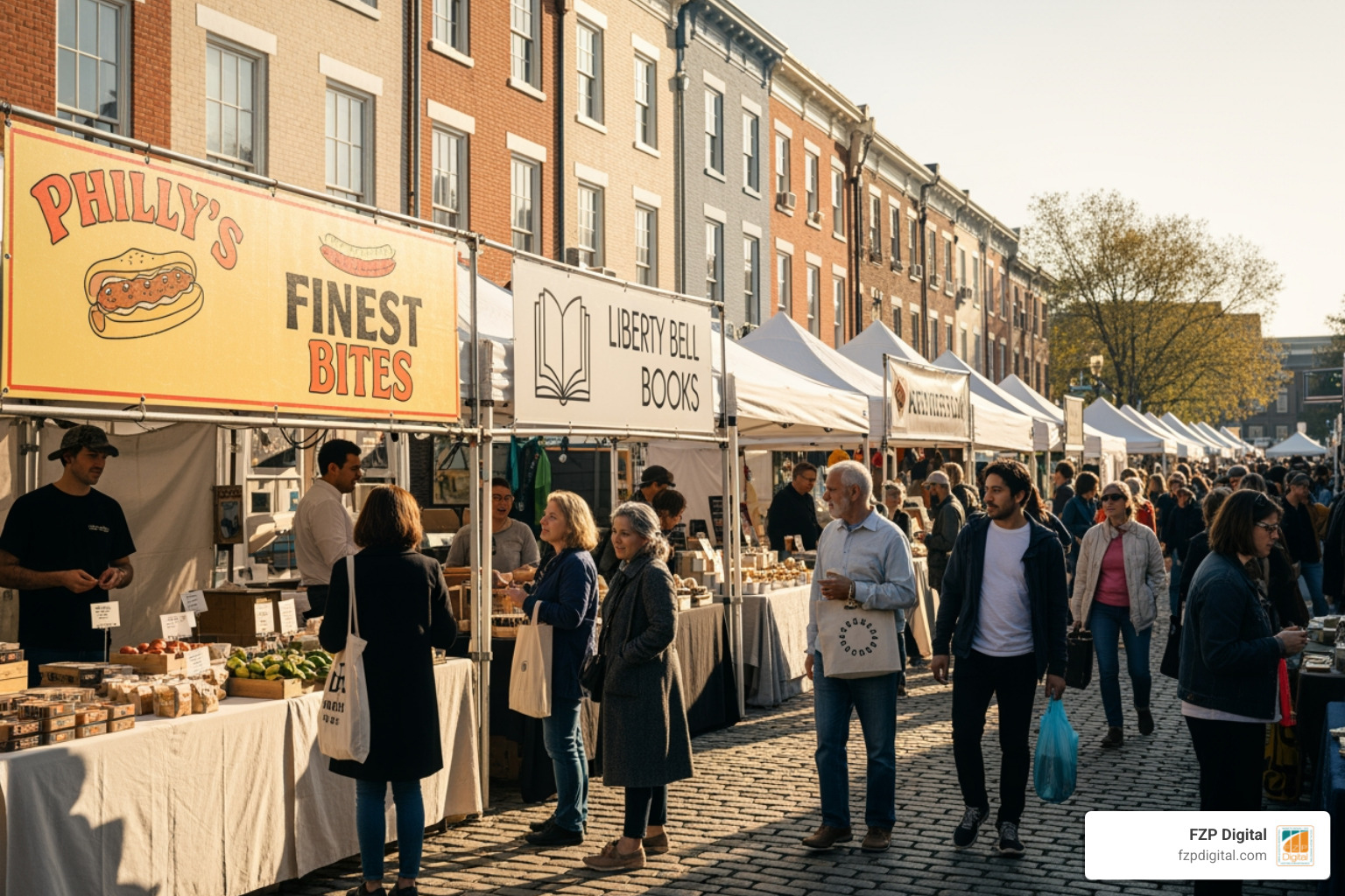 Image of a busy Philly market with diverse, well-branded stalls. - Branding agency Philadelphia Image of a busy Philly market with diverse, well-branded stalls. - Branding agency Philadelphia