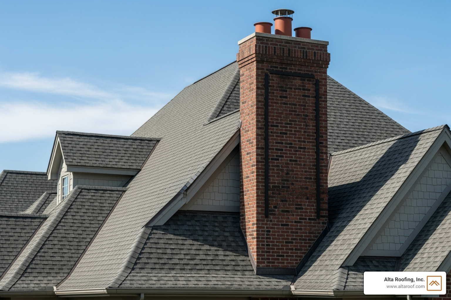 Image of a complex roof with a steep pitch, multiple valleys, and a chimney - Roof replacement cost estimate