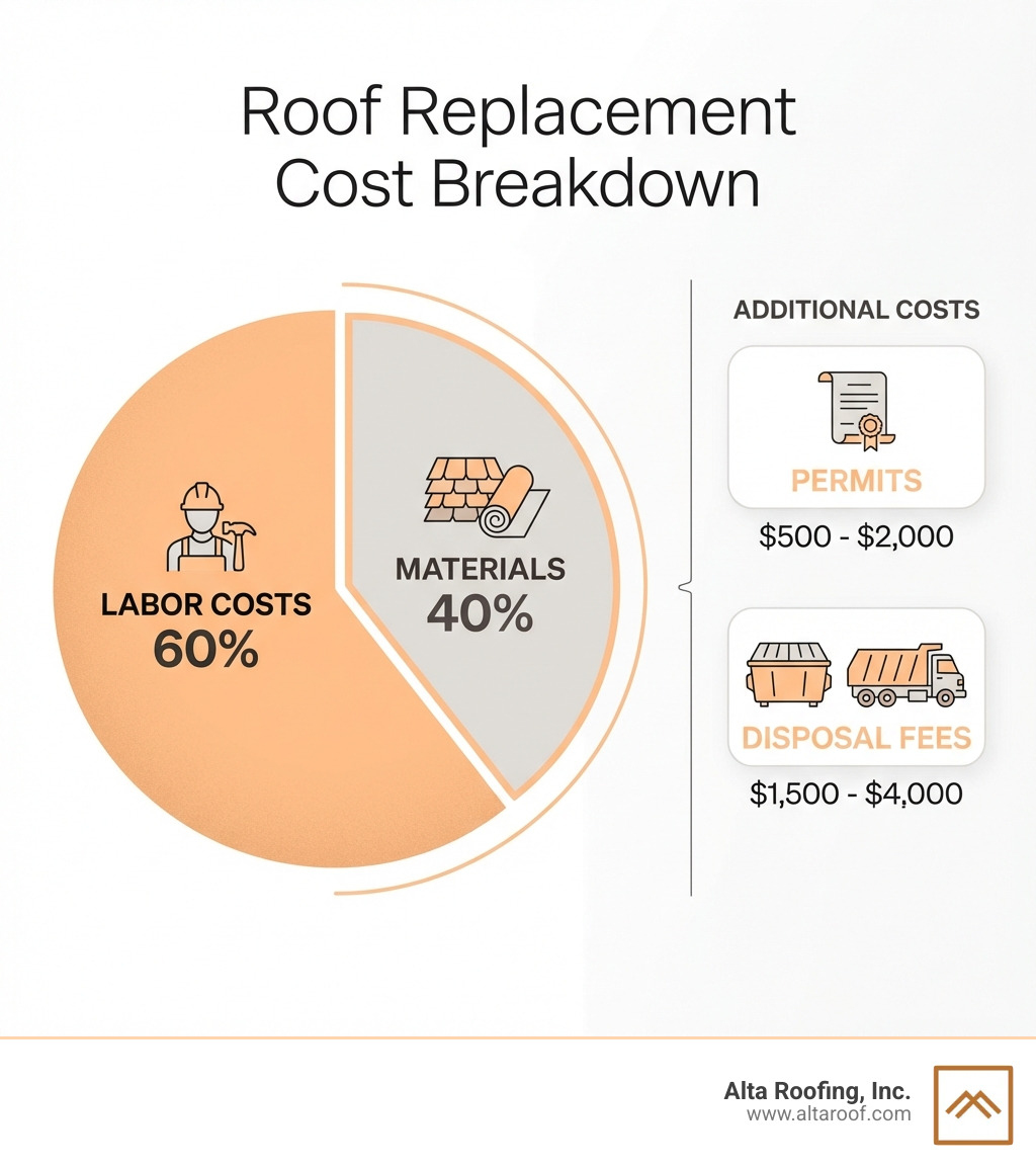 Infographic showing roof replacement cost breakdown with 60% allocated to labor costs, 40% to materials, plus additional costs for permits ranging from $500-$2000 and disposal fees ranging from $1500-$4000 - Roof replacement cost estimate infographic Infographic showing roof replacement cost breakdown with 60% allocated to labor costs, 40% to materials, plus additional costs for permits ranging from $500-$2000 and disposal fees ranging from $1500-$4000 - Roof replacement cost estimate infographic