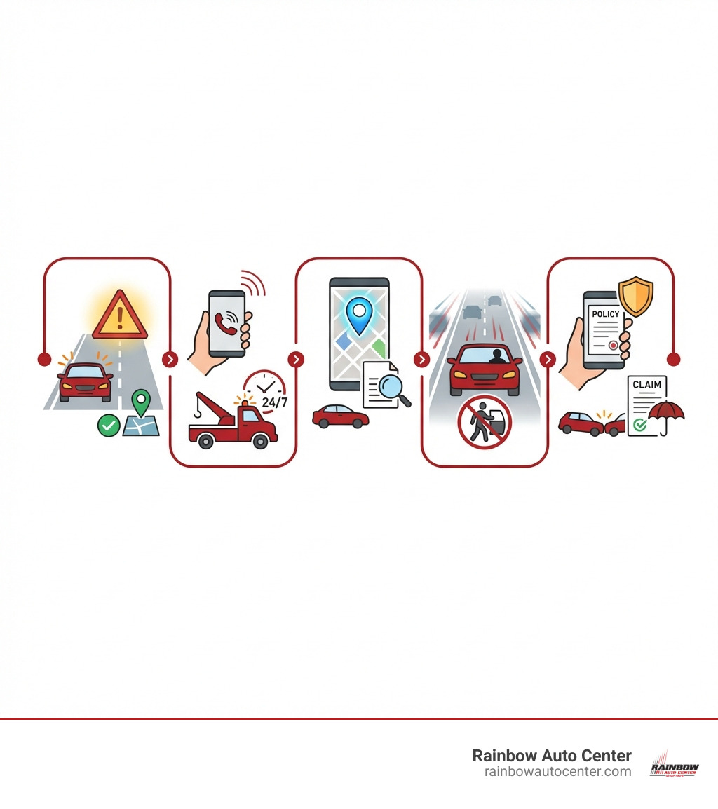 Infographic showing 5 immediate steps when your car breaks down: 1. Move to safety if possible and turn on hazard lights, 2. Call for emergency towing assistance immediately, 3. Provide your exact location and vehicle details, 4. Stay inside your vehicle if on a busy road, 5. Notify your insurance company if it's accident-related - 24 7 car towing infographic 