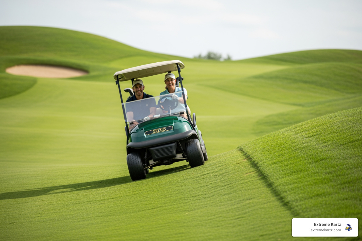 golf cart easily climbing a steep, grassy hill - golf cart ac conversion worth it