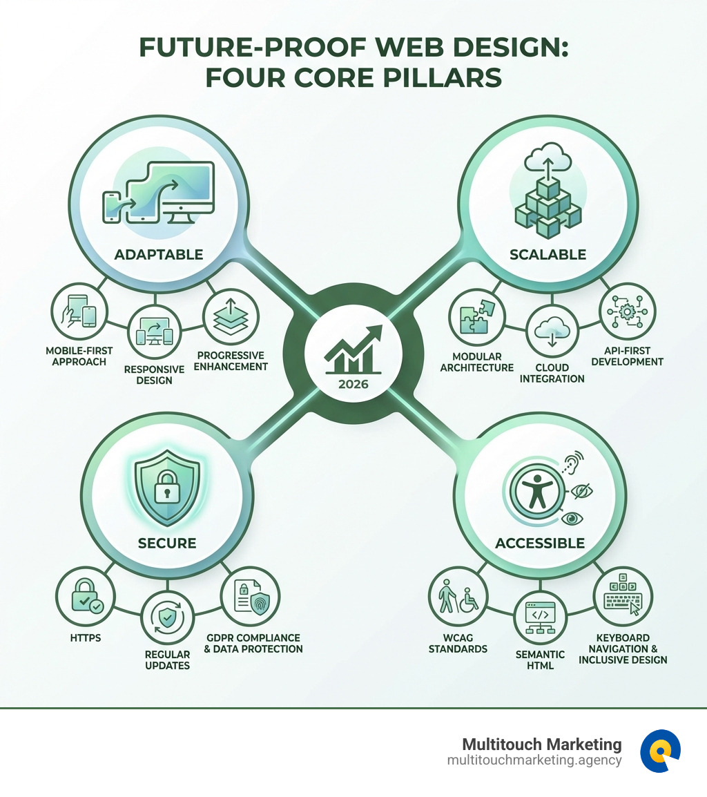 Infographic showing the four core pillars of future-proof web design: Adaptable (responsive design, mobile-first approach, progressive enhancement), Scalable (modular architecture, cloud integration, API-first development), Secure (HTTPS, regular updates, GDPR compliance, data protection), and Accessible (WCAG standards, semantic HTML, keyboard navigation, inclusive design for all users) - Future proof web design infographic Infographic showing the four core pillars of future-proof web design: Adaptable (responsive design, mobile-first approach, progressive enhancement), Scalable (modular architecture, cloud integration, API-first development), Secure (HTTPS, regular updates, GDPR compliance, data protection), and Accessible (WCAG standards, semantic HTML, keyboard navigation, inclusive design for all users) - Future proof web design infographic