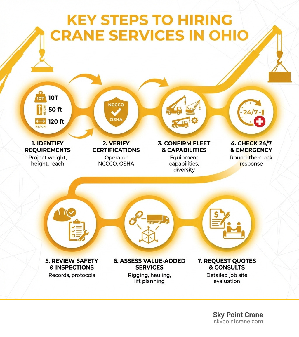 Infographic showing the key steps to hiring crane services in Ohio: 1. Identify your project requirements (weight, height, reach), 2. Verify operator certifications (NCCCO, OSHA), 3. Confirm equipment capabilities and fleet diversity, 4. Check for 24/7 availability and emergency response, 5. Review safety records and inspection protocols, 6. Assess value-added services (rigging, hauling, 3D lift planning), 7. Request detailed quotes and job site consultations - crane services in Ohio infographic 