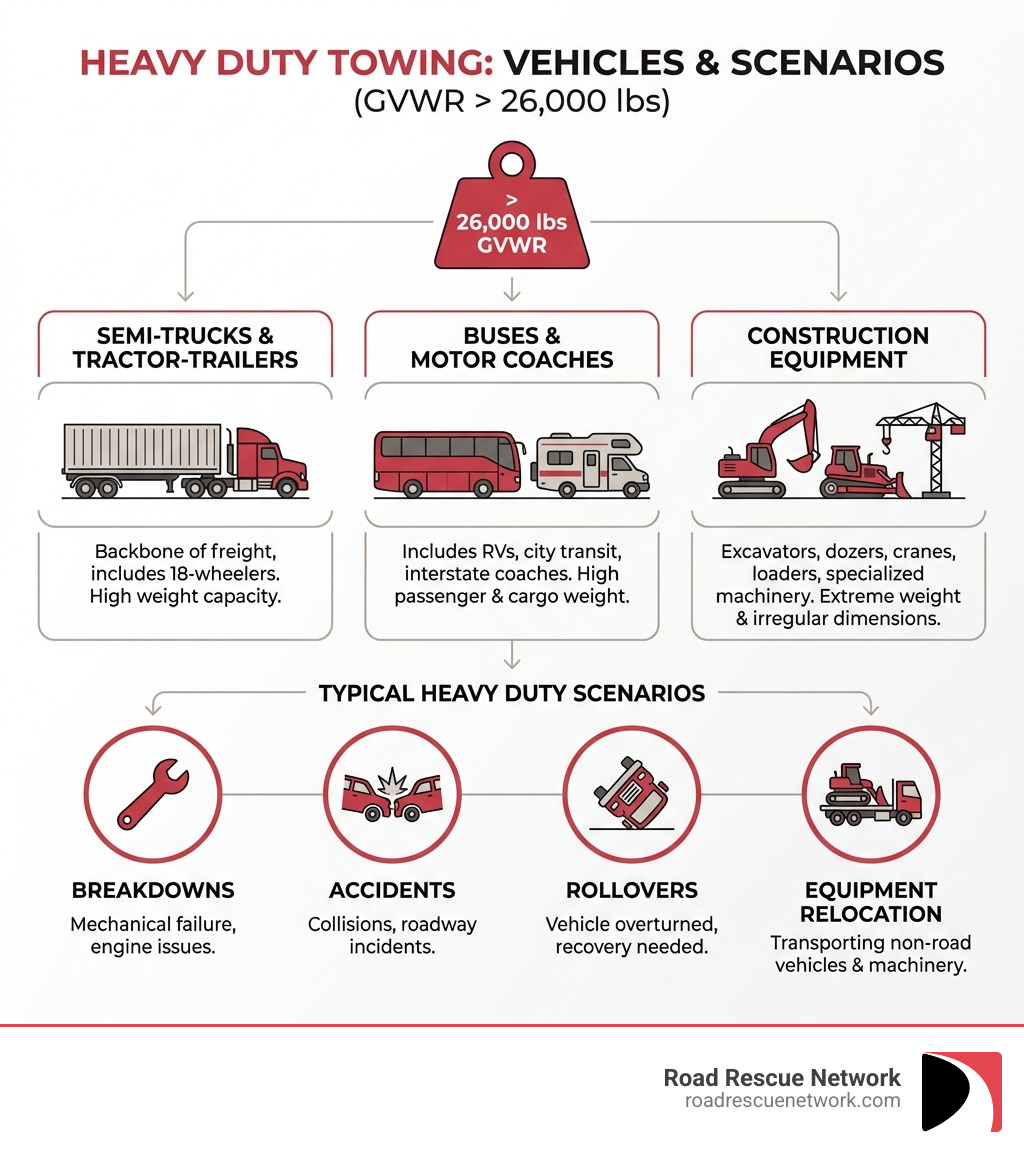 infographic showing vehicle types requiring heavy-duty towing including semi trucks buses RVs construction equipment with weight ratings and typical scenarios like breakdowns accidents rollovers and equipment relocation - heavy duty towing service infographic 