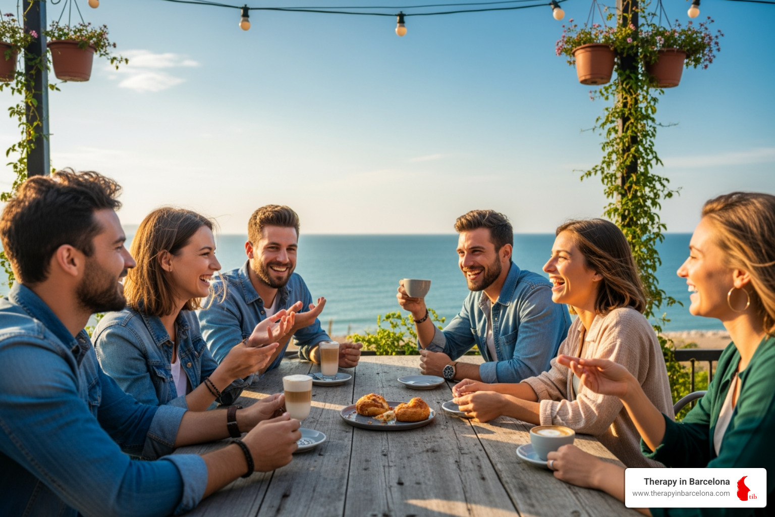 A diverse group of friends laughing and sharing coffee at an outdoor café in Málaga, with the sea visible in the background, conveying a sense of community and connection - mental wellbeing support A diverse group of friends laughing and sharing coffee at an outdoor café in Málaga, with the sea visible in the background, conveying a sense of community and connection - mental wellbeing support