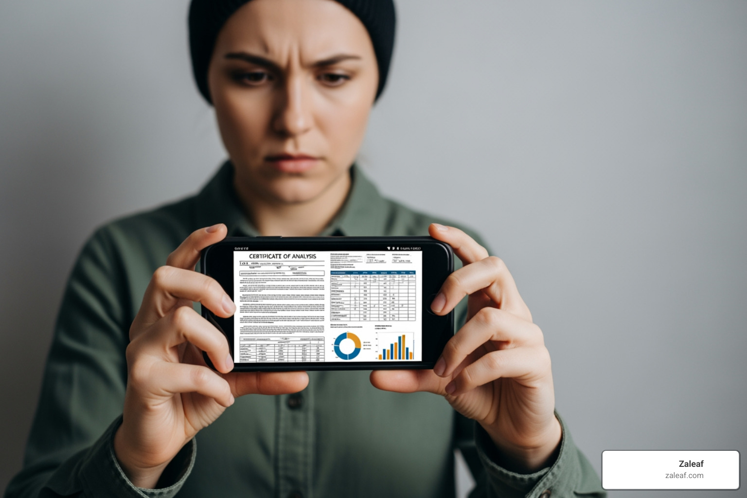 person looking at a Certificate of Analysis on a smartphone - buy legal edibles online