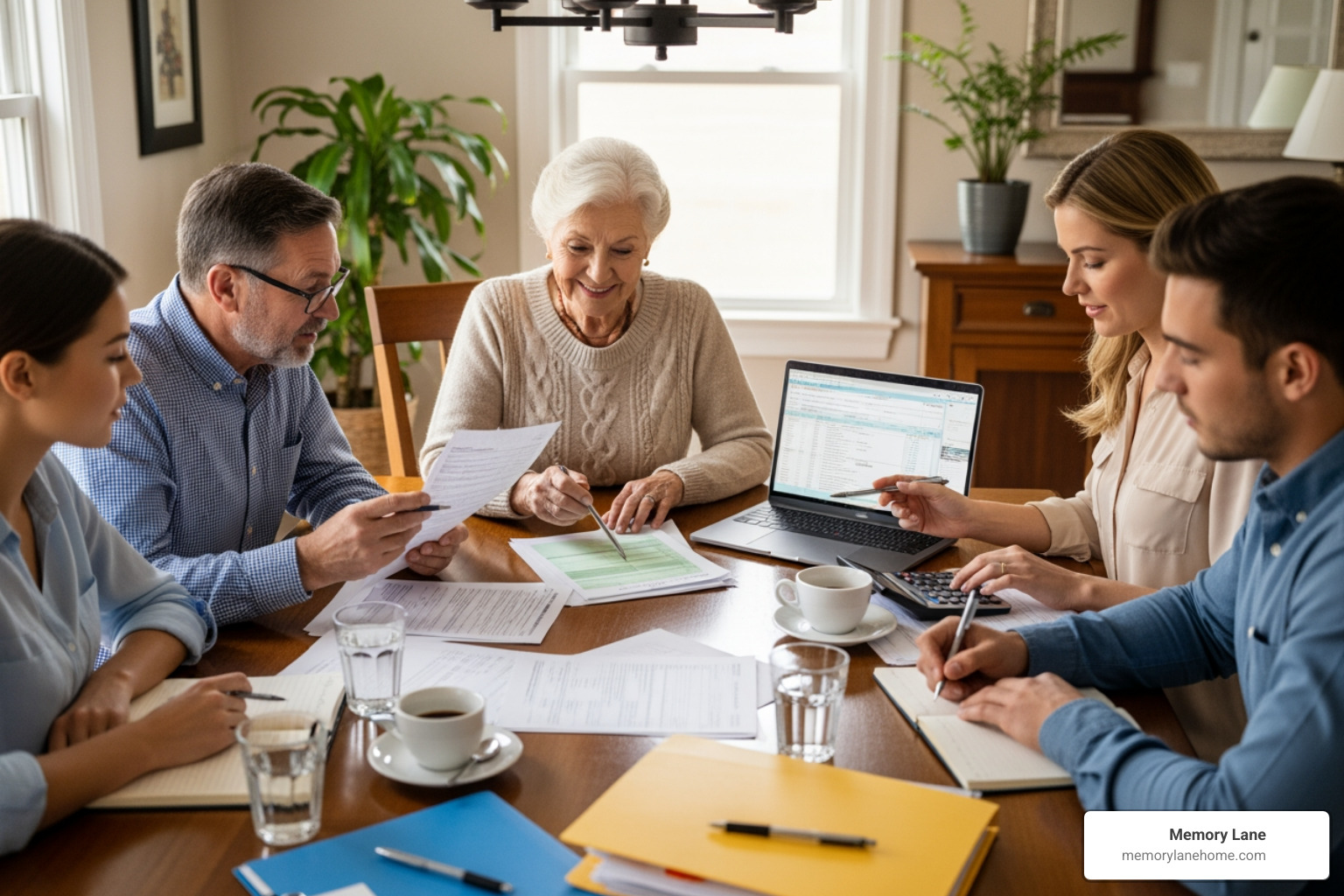family sitting at a table reviewing financial paperwork - affordable memory care community wallingford pa