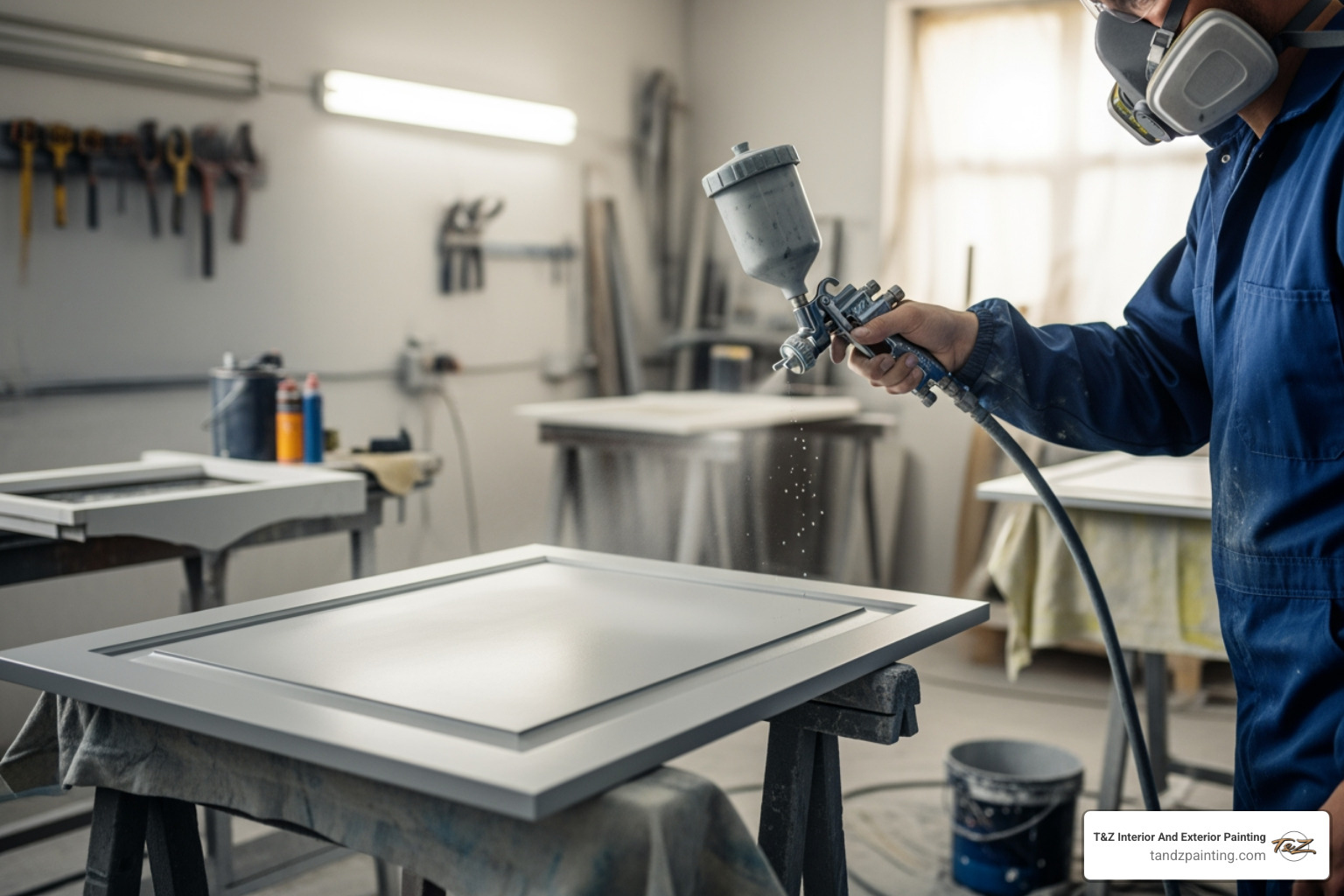painter using a spray gun on a cabinet door - kitchen spraying services