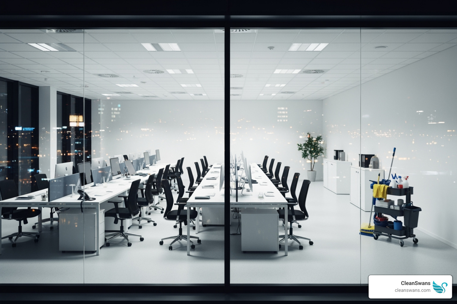 A pristine commercial office space at night, showcasing a clean and organized environment after a professional bespoke cleaning service - bespoke cleaning service