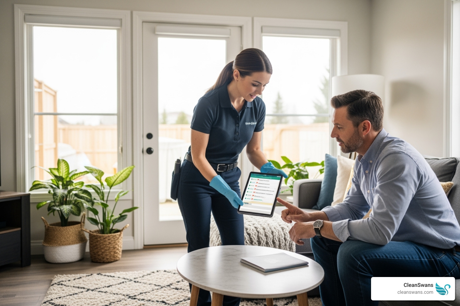 A cleaner having a detailed consultation with a homeowner, discussing specific cleaning needs and preferences in a modern living room setting - bespoke cleaning service