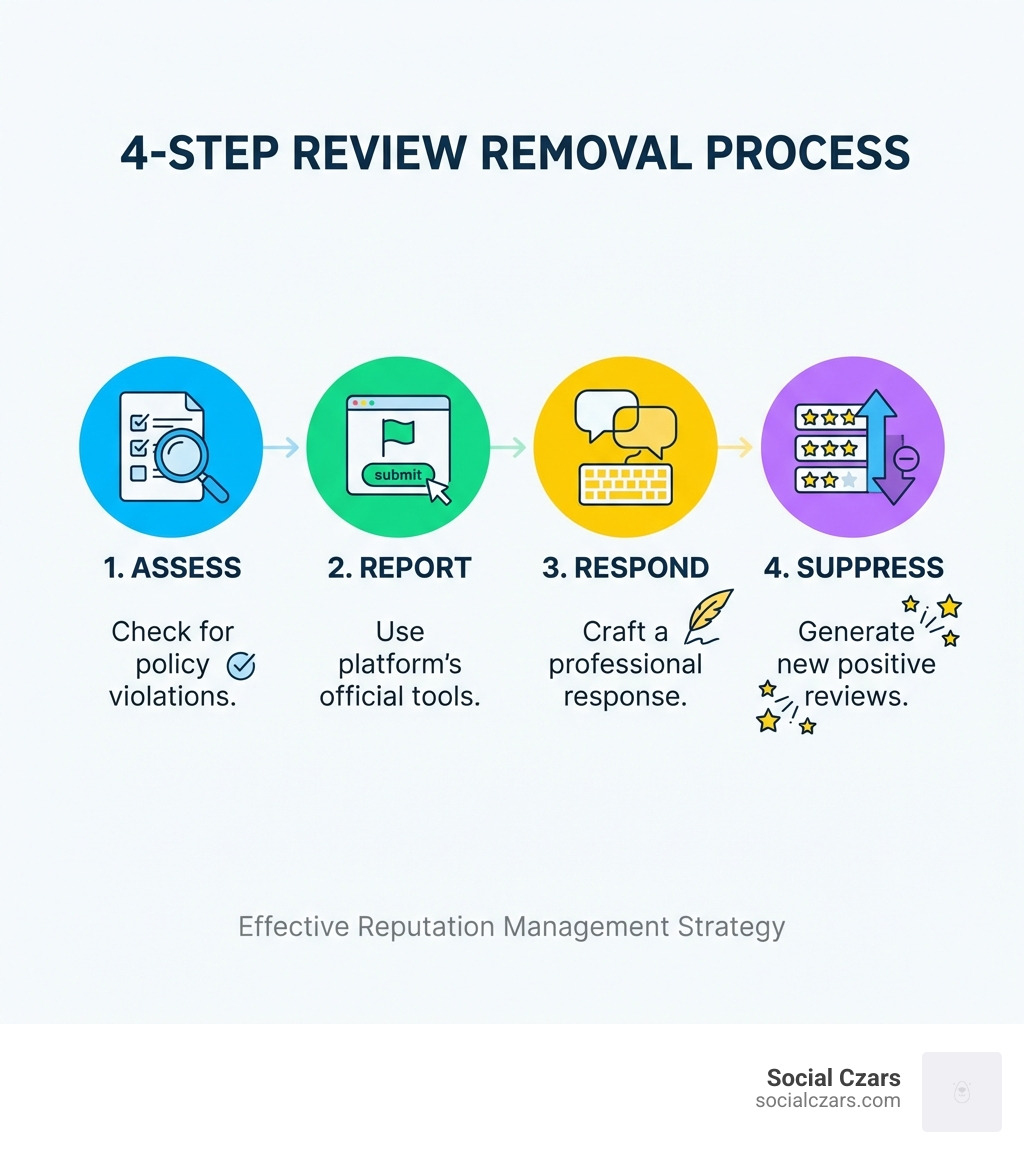 Infographic detailing the 4-step process for review removal: Assess the review for policy violations, Report it using the platform's official tools, Respond professionally to the review, and Suppress negative impact by generating positive reviews - how to remove reviews infographic 