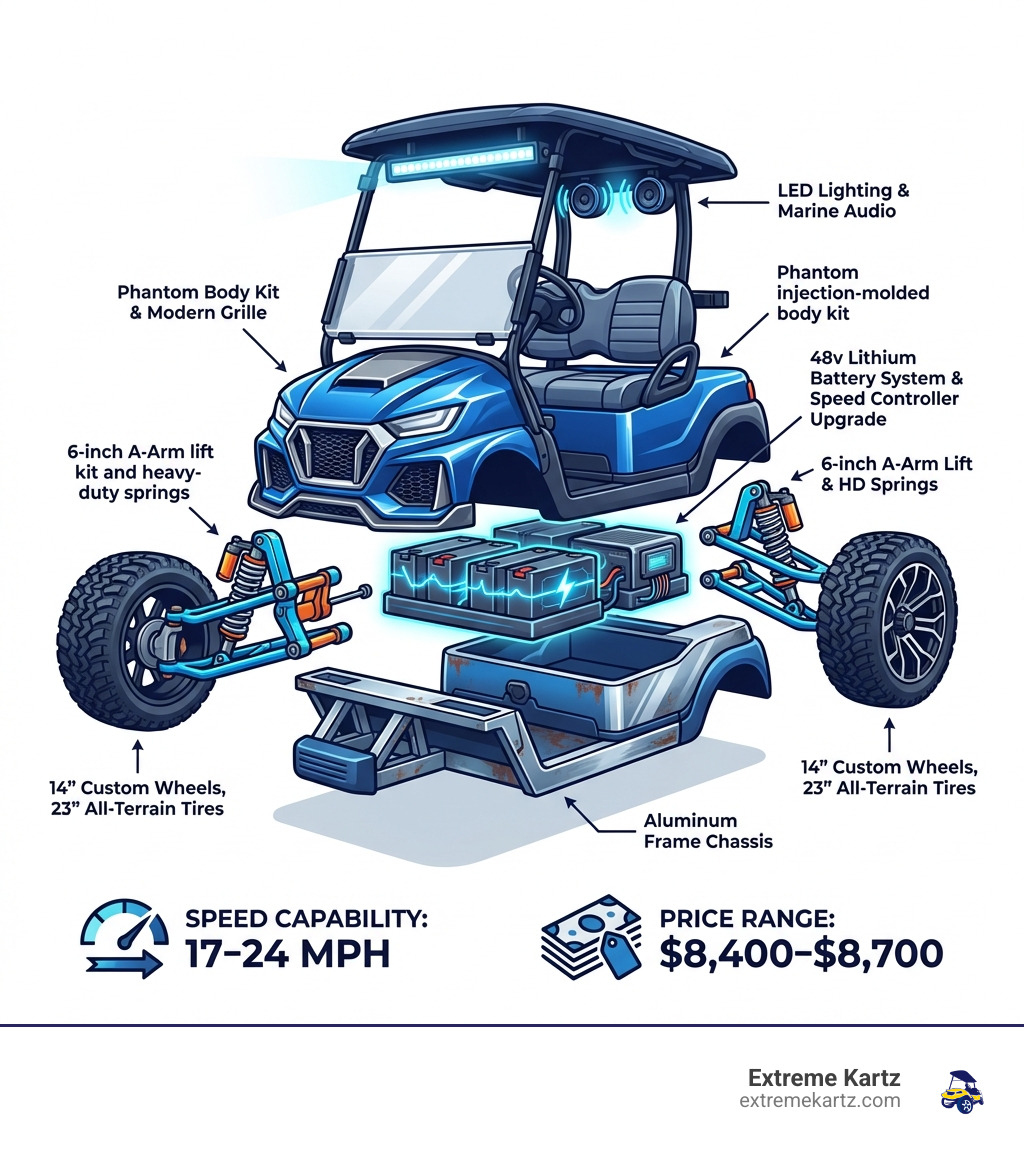 Infographic showing the anatomy of a Club Car Precedent Phantom custom build: base 2004+ Precedent chassis with aluminum frame at bottom, Phantom injection-molded body kit in center with modern grille and aggressive styling, 6-inch A-Arm lift kit and heavy-dy springs on sides, 14-inch custom wheels with 23-inch all-terrain tires at corners, 48v lithium battery system and speed controller upgrade in middle section, LED lighting package and marine audio system at top, with price range $8,400-$8,700 and speed capability 17-24 MPH labeled - club car precedent phantom infographic 