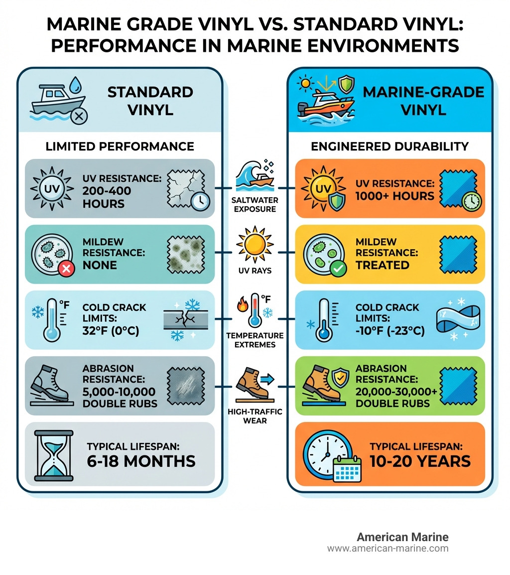 Infographic comparing standard vinyl to marine-grade vinyl, showing UV resistance ratings (standard: 200-400 hours vs marine: 1000+ hours), mildew resistance (none vs treated), cold crack limits (32°F vs -10°F), abrasion resistance (5,000-10,000 double rubs vs 20,000-30,000+ double rubs), and typical lifespan in marine environments (6-18 months vs 10-20 years), with visual icons for saltwater exposure, UV rays, temperature extremes, and high-traffic wear - Marine grade vinyl upholstery infographic 