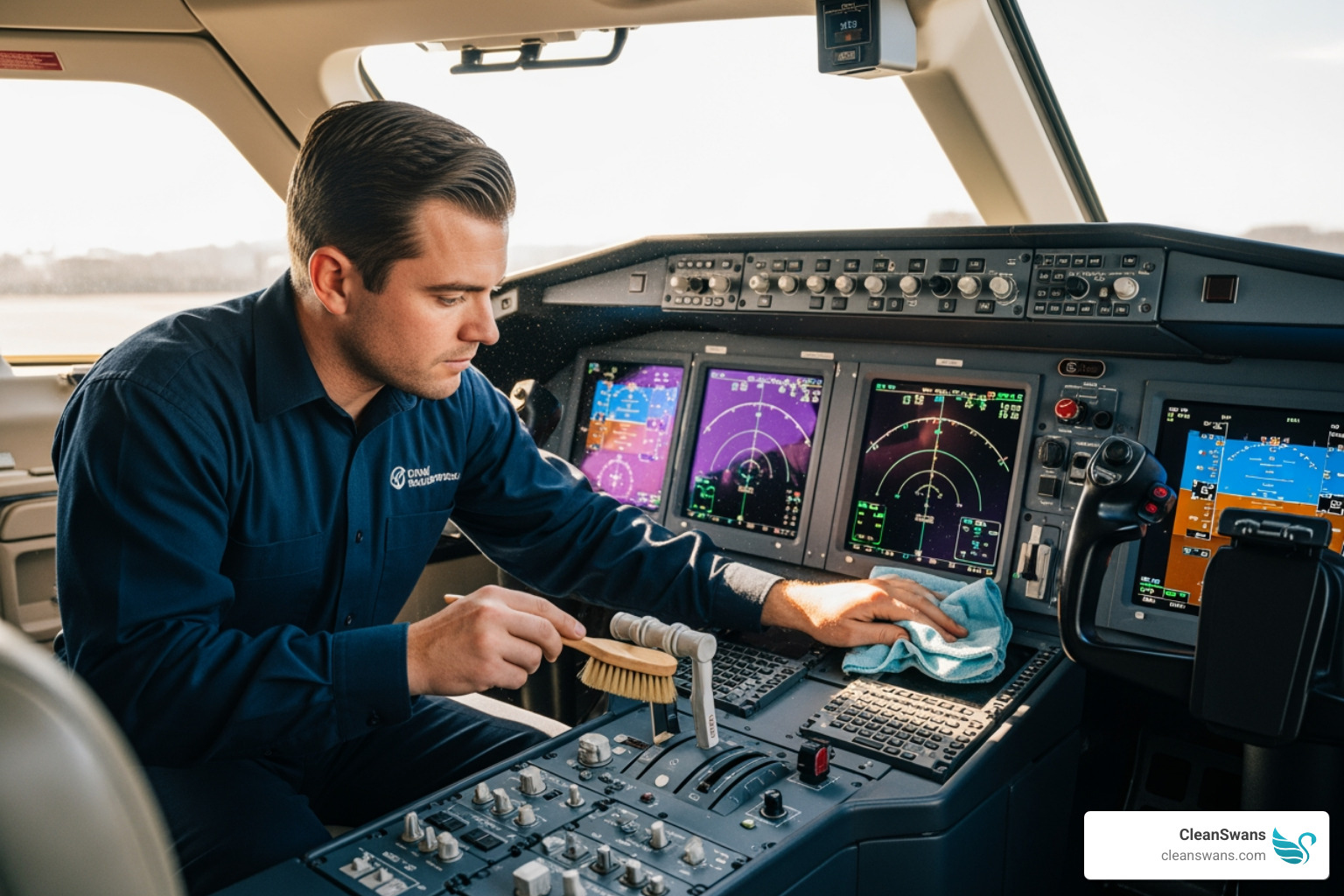 Technician cleaning sensitive cockpit electronics - concierge jet cleaning