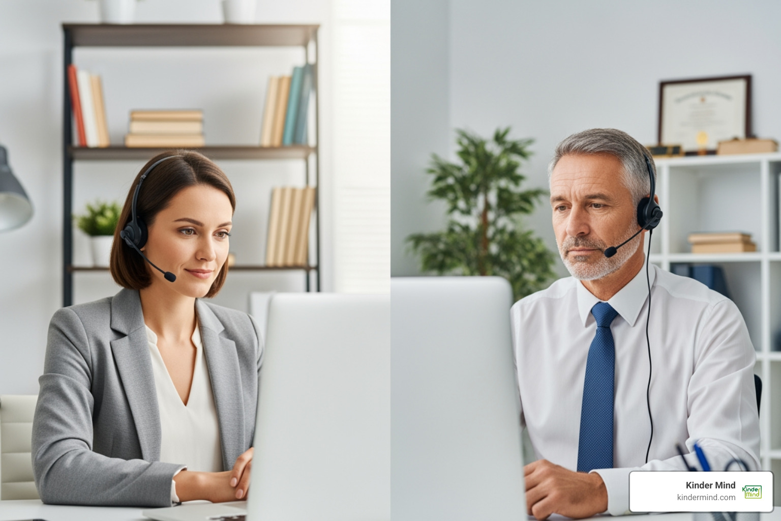 Split screen showing a therapist in one frame and a psychiatrist in another, both engaging in a virtual session - Virtual depression treatment