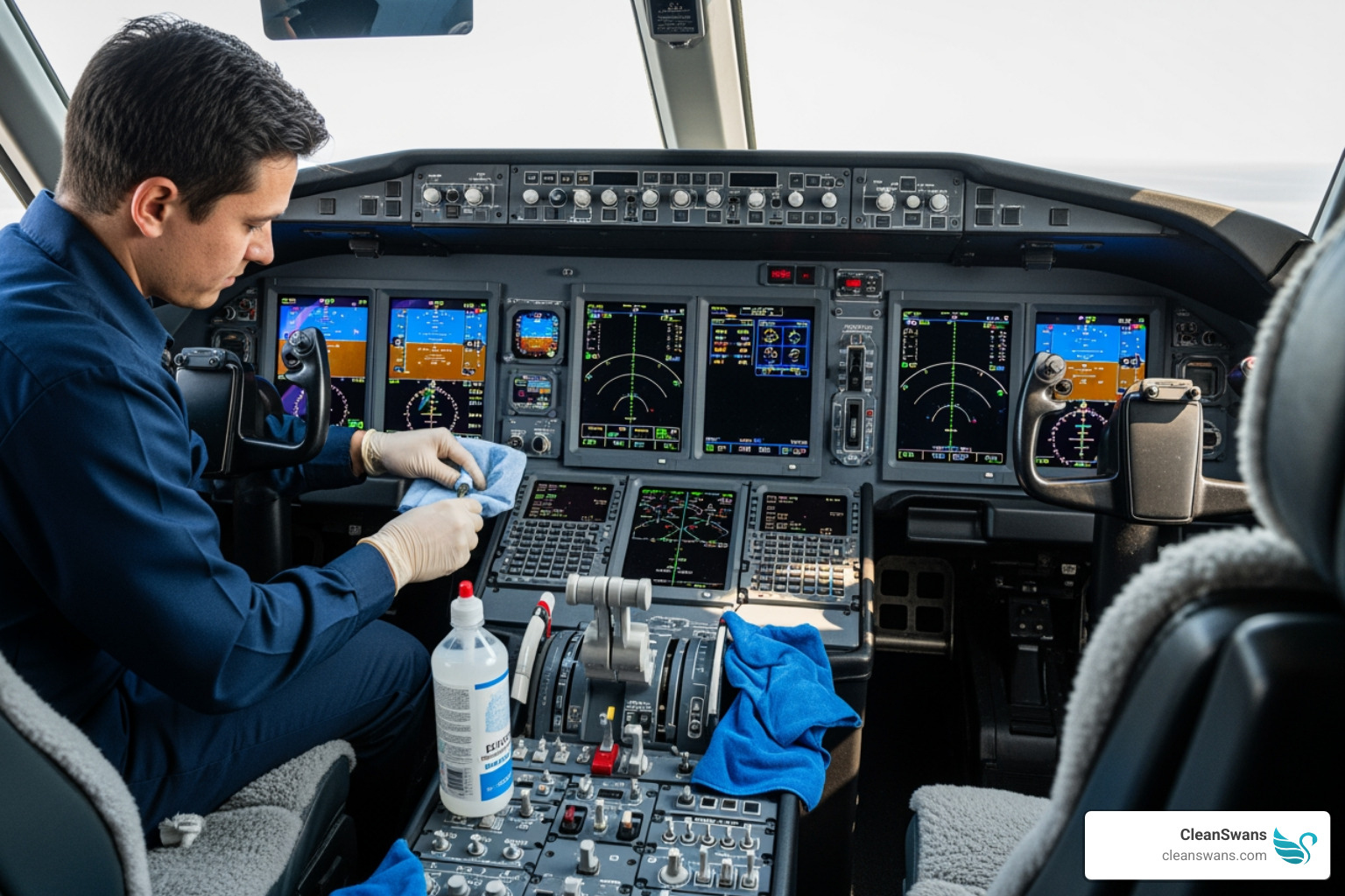 technician carefully cleaning a sensitive cockpit area - private jet interior detailing