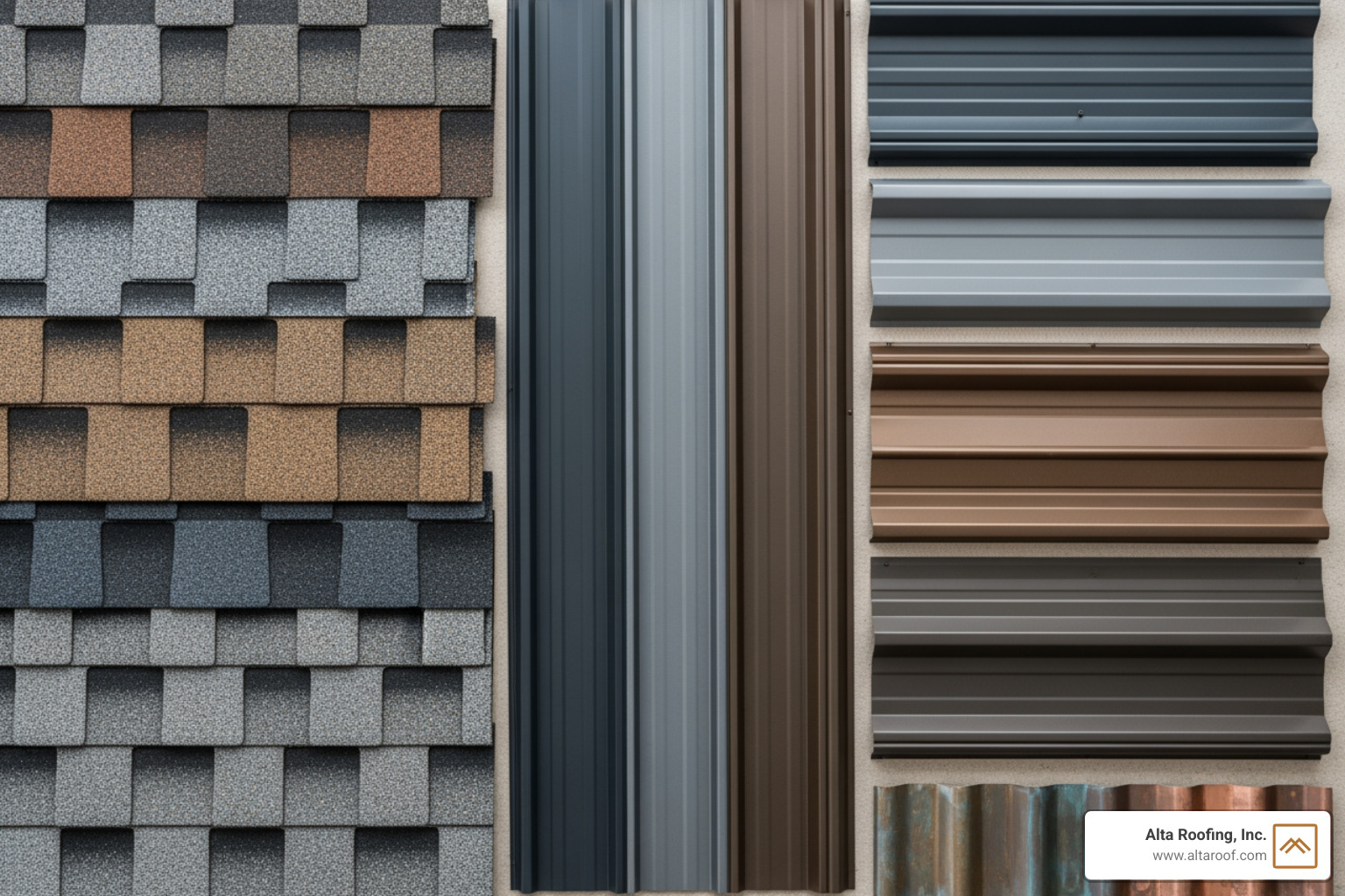 Image of various roofing material samples like asphalt shingles and metal panels - Roof replacement cost estimate Image of various roofing material samples like asphalt shingles and metal panels - Roof replacement cost estimate