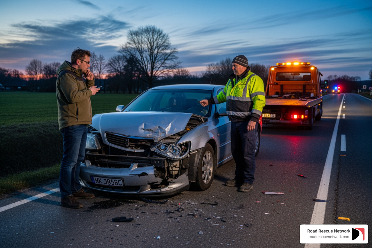 driver talking to a tow truck operator at an accident scene - Accident car towing driver talking to a tow truck operator at an accident scene - Accident car towing