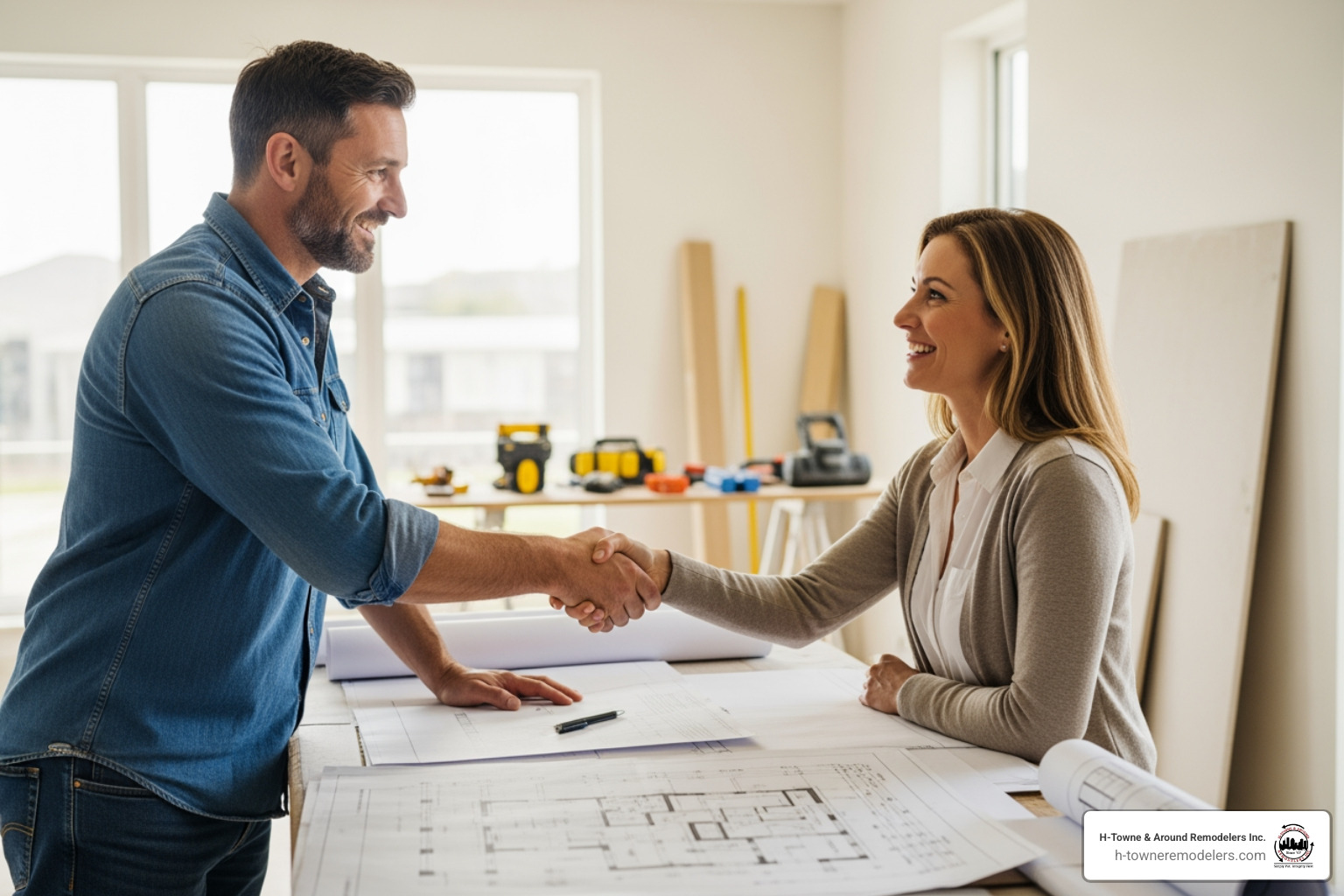 homeowner and contractor shaking hands over blueprints - renovation contractors Fulshear homeowner and contractor shaking hands over blueprints - renovation contractors Fulshear