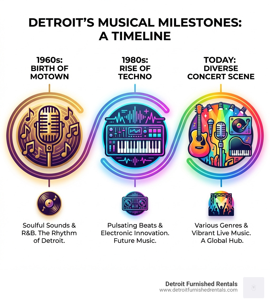 Timeline of Detroit's major musical milestones, from the birth of Motown in the 1960s, the rise of Techno in the 1980s, to today's diverse concert scene. - concerts in detroit michigan infographic Timeline of Detroit's major musical milestones, from the birth of Motown in the 1960s, the rise of Techno in the 1980s, to today's diverse concert scene. - concerts in detroit michigan infographic