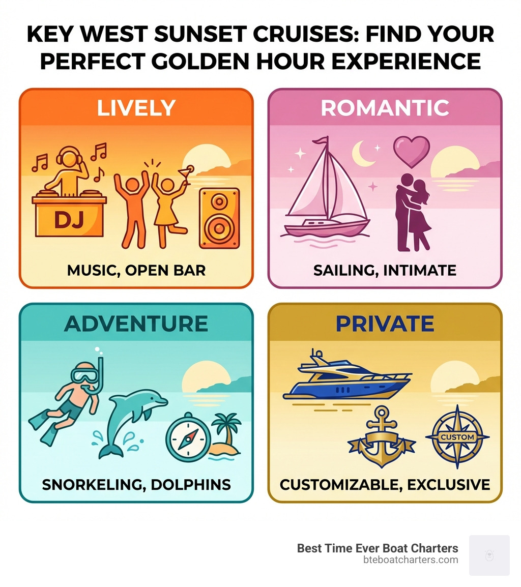 Infographic showing types of Key West sunset cruises: Lively (music, open bar), Romantic (sailing, intimate), Adventure (snorkeling, dolphins), Private (customizable, exclusive) - sunset cruises key west infographic Infographic showing types of Key West sunset cruises: Lively (music, open bar), Romantic (sailing, intimate), Adventure (snorkeling, dolphins), Private (customizable, exclusive) - sunset cruises key west infographic