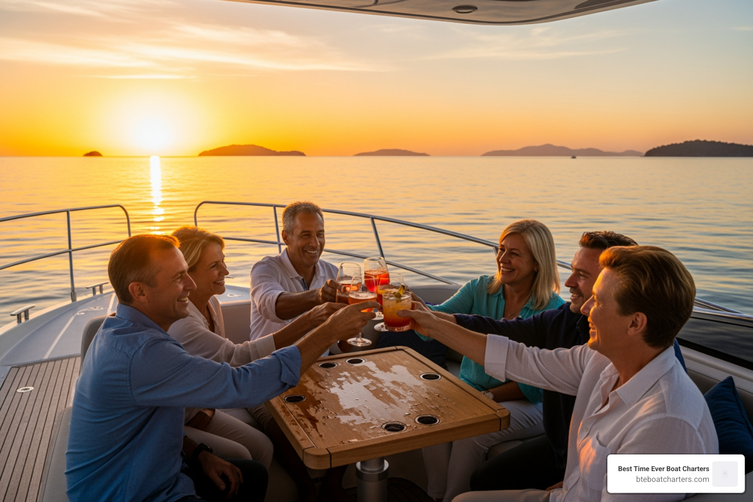 Friends or family toasting drinks on a boat as the sun dips low - sunset cruises key west Friends or family toasting drinks on a boat as the sun dips low - sunset cruises key west