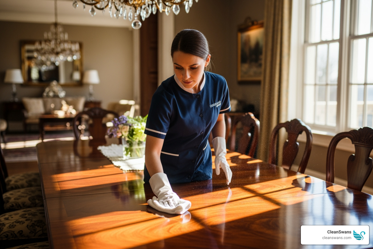 uniformed, professional cleaner carefully polishing a fine wood surface - high end cleaning service