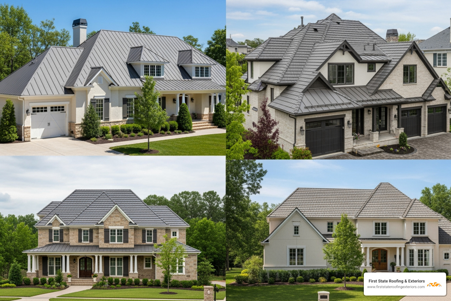 A variety of custom metal roof styles, including standing seam, metal shingles, and a shake profile, on different architectural homes - custom metal roofing near me