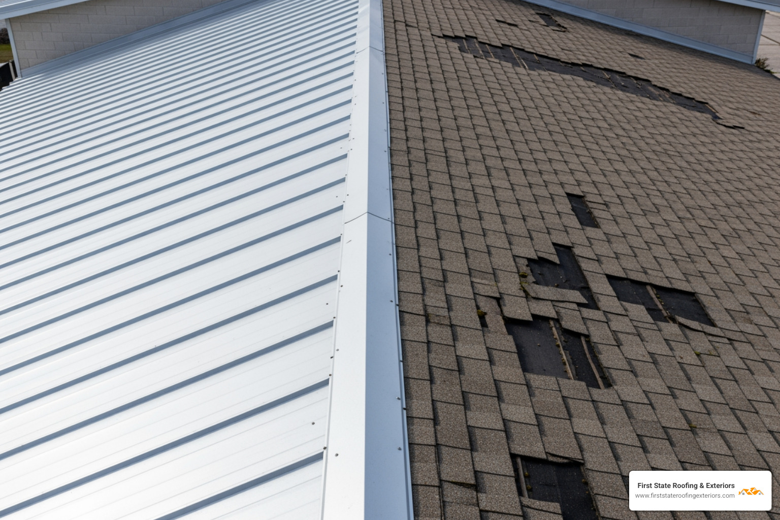 A metal roof in pristine condition next to a worn asphalt shingle roof, highlighting the longevity of metal roofing - custom metal roofing near me